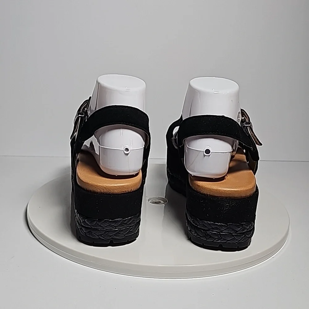 UGG Neusch Sandals Platforms Shoe Adjustable Strap Suede Leather Rafia Black 9